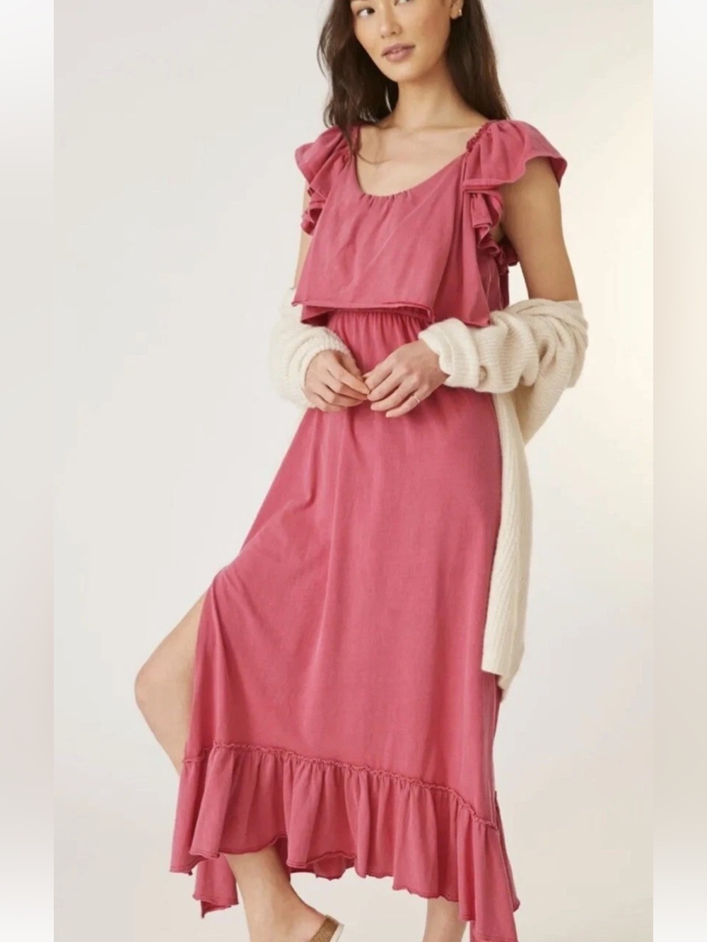 Anthropologie Daily Practice Fuchsia Ruffle-Sleeve Maxi Dress